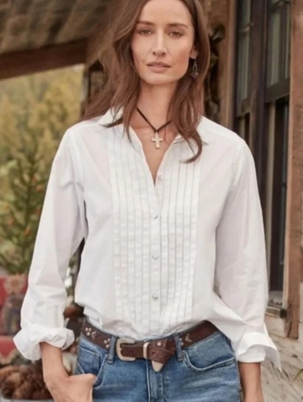 NWOT SUNDANCE Tessa Tuxedo Pleated Button Down Shirt Off White Medium Petite - Picture 8 of 8